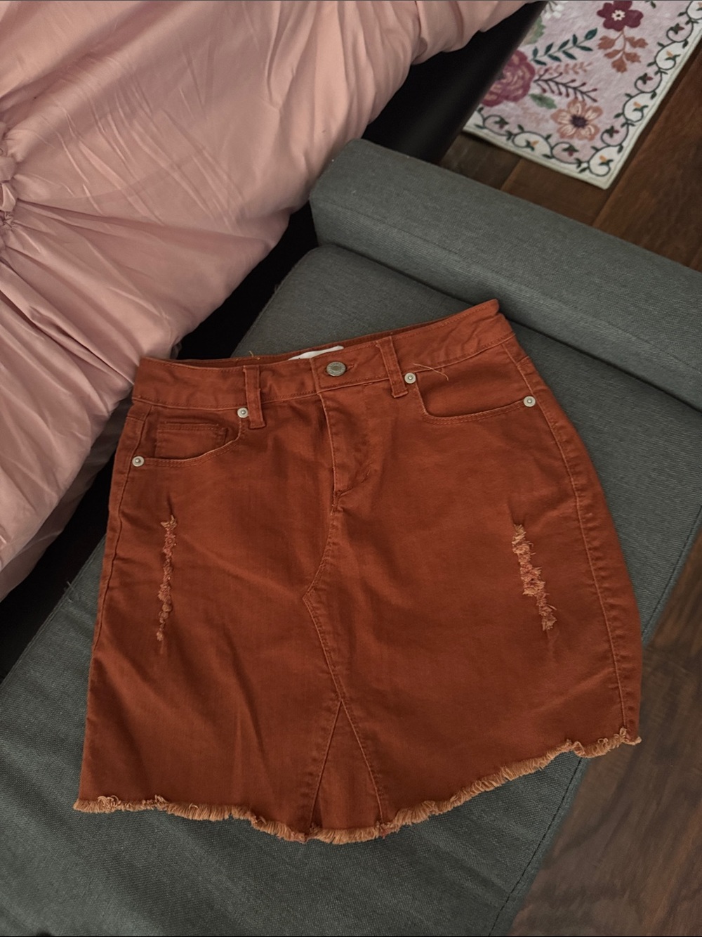 Love Tree Rust Orange Distressed Denim Mini Skirt